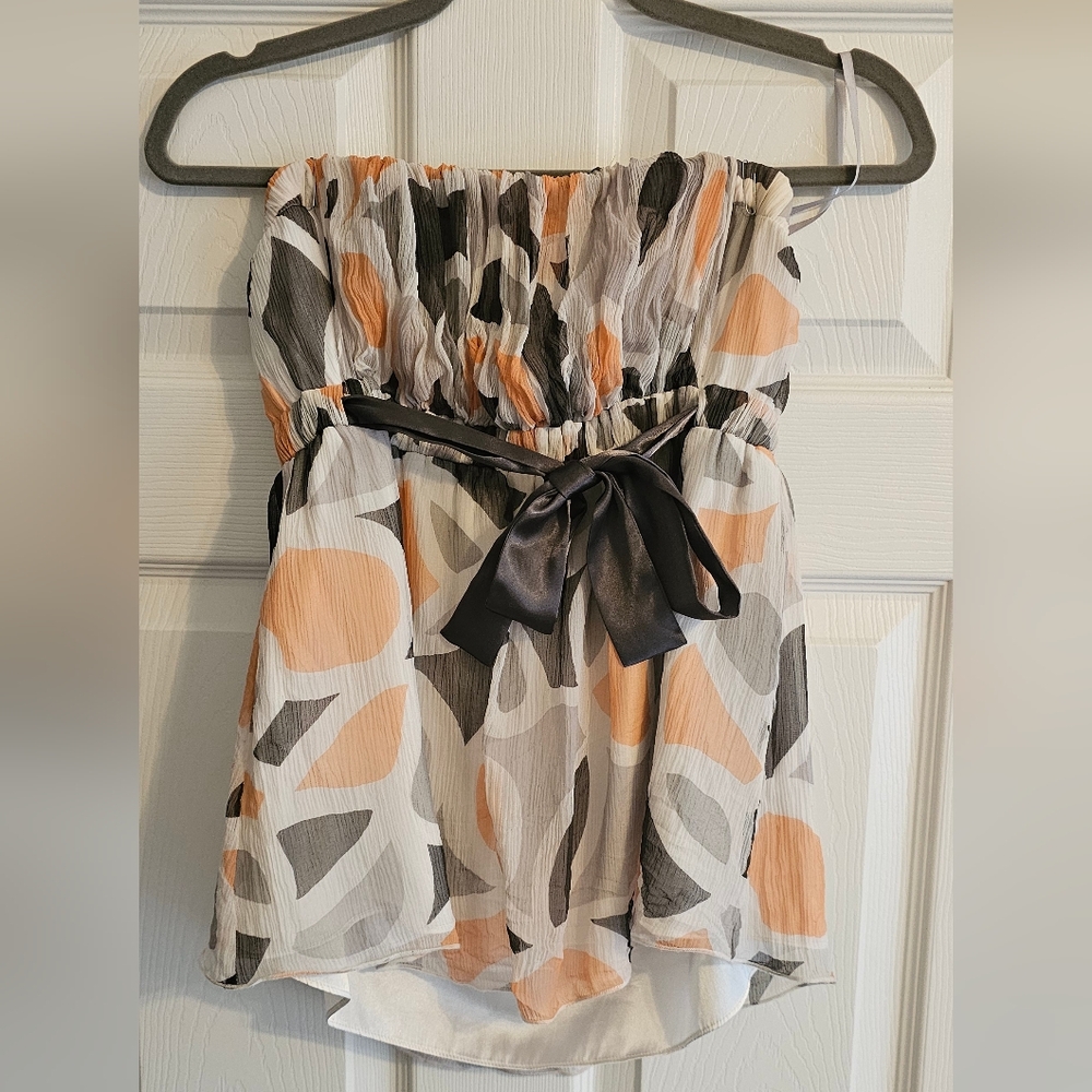 The Limited Strapless Peplum Blouse in White, Peach & Gray